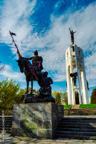 Bryansk, Russia-April 2018: the monument to Peresvet is one of the symbols of the city of Bryansk. photo