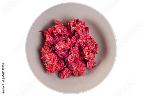Top view grounded meat in the bowl isolated in white backgound