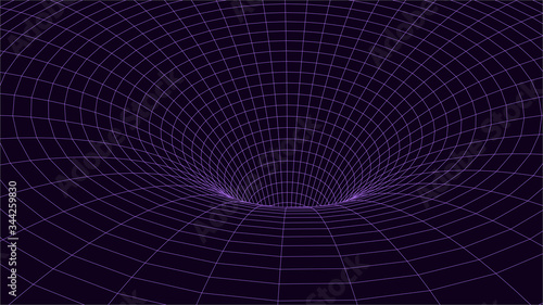 Violet wireframe vector tunnel. 3d wormhole dark vector illustration. 