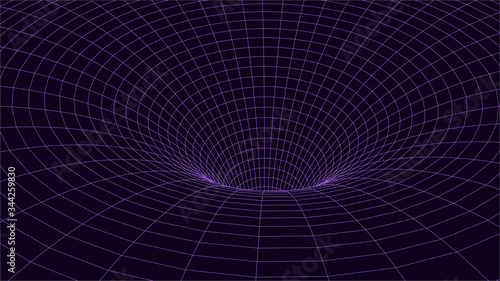 Violet wireframe vector tunnel. 3d wormhole dark vector illustration. 