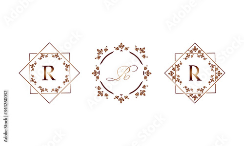 Set of elegant templates in monograms with the letter R. Decorative ornament and identical business sign, restaurant, boutique, cafe, hotel, labels