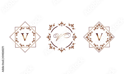 Set of elegant templates in monograms with the letter V. Decorative ornament and identical business sign, restaurant, boutique, cafe, hotel, labels