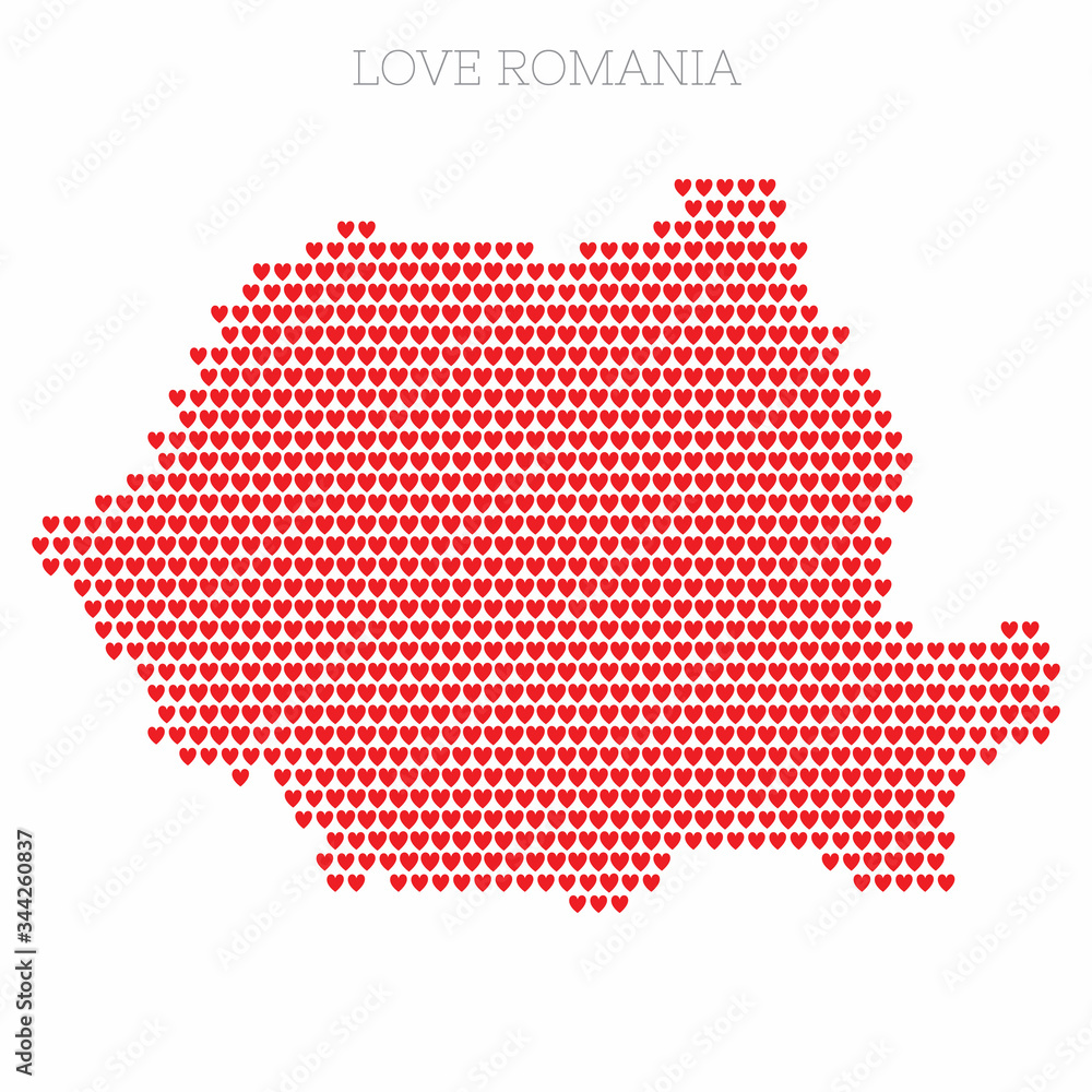 Romania country map made from love heart halftone pattern