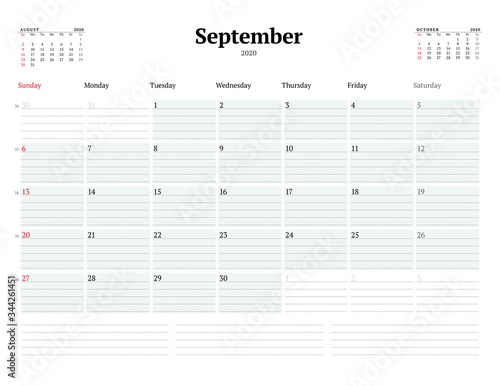 Calendar template for September 2020. Business monthly planner. Stationery design. Week starts on Sunday.