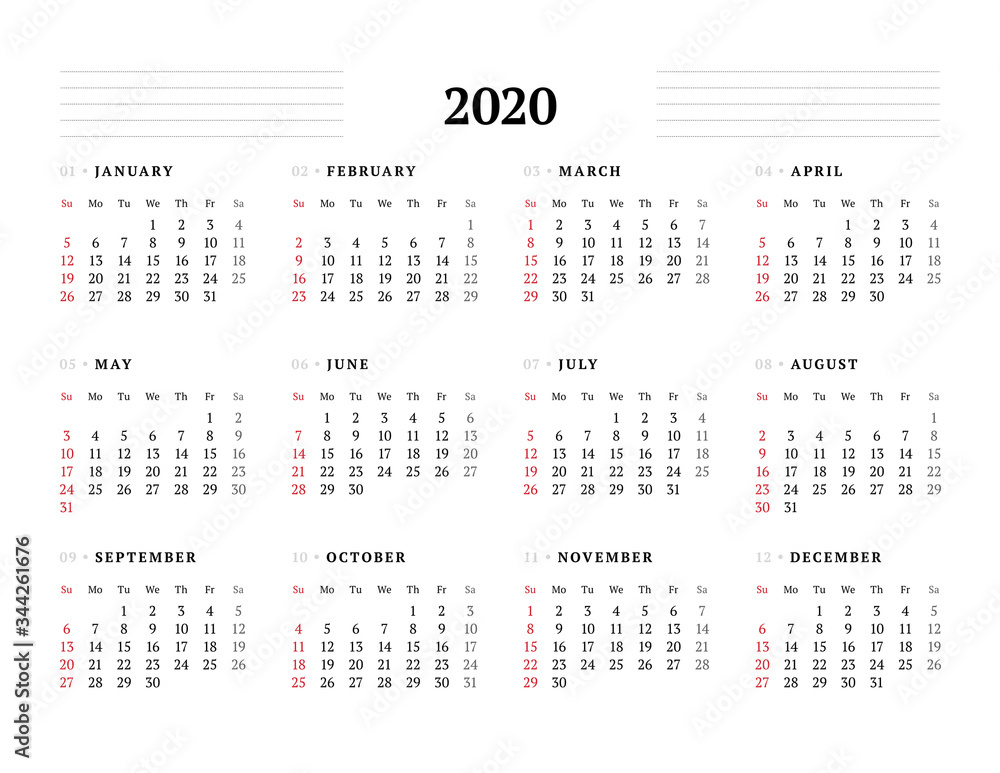 Calendar template for 2020 year. Stationery design. Week starts on Sunday. Calendar template for 2020 year. Stationery design. Week starts on Sunday.