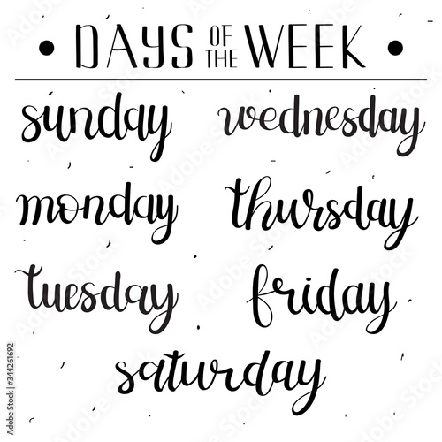 Days of the week hand written lettering. Design elemetns for daily planner, schedule, orginizer, print, poster, kids diary.  Set of vector illustrations.