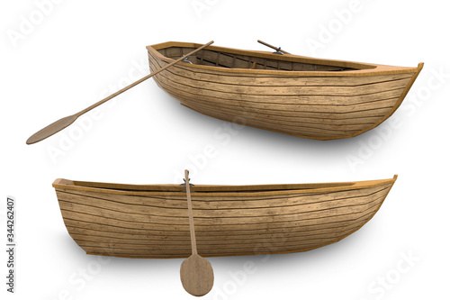Old wooden boat with oar, 3d render photo