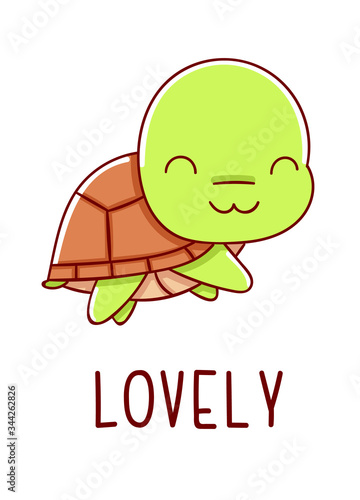 Cute kawaii hand drawn turtle doodles, lettering lovely, isolated on white background