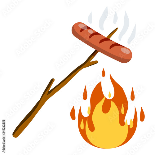 Sausage is fried on stick over the fire. roast meat diet. Barbecue and street food element. Cartoon flat illustration. Food in the camp in the campaign