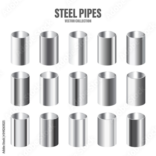 Steel pipes collection. Construction material. Polished metal texture. Silver gradient. Vector illustration.