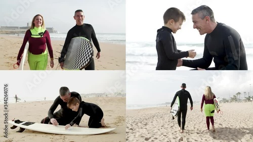 Positive surfer family couple and their son enjoying vacation on beach, polishing surfboards, walking on sand. Multiscreen montage, collage portraits. Active lifestyle and surfing concept photo