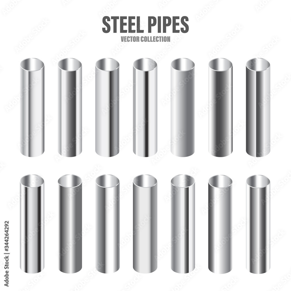Steel pipes collection. Construction material. Polished metal texture. Silver gradient. Vector illustration. Steel pipes collection. Construction material. Polished metal texture. Silver gradient. Vector illustration.