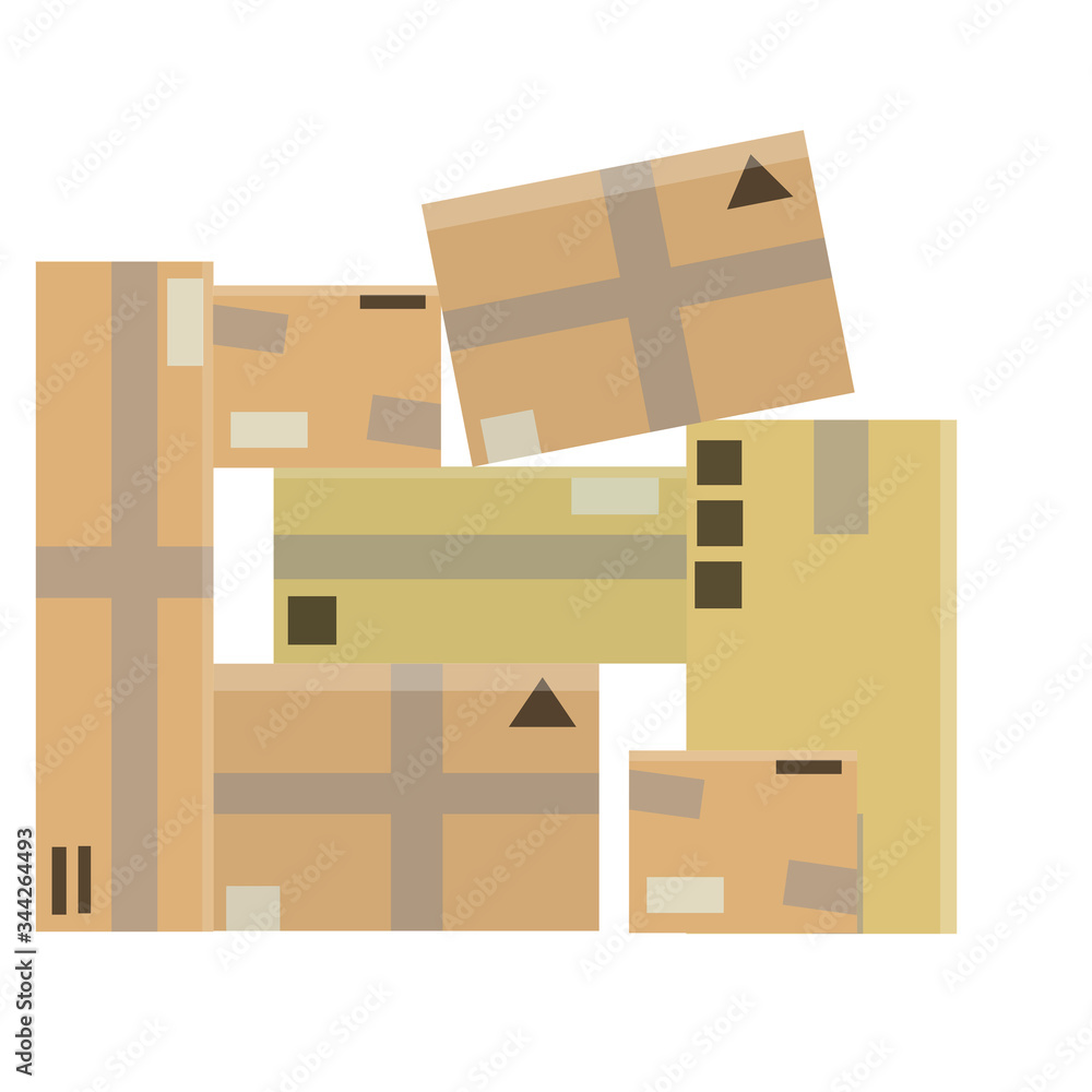 Set of parcels in cardboard boxes. Square carton. Cartoon flat illustration. Warehouse and mail item. Delivery of cargo. Packed goods. Brown objects Set of parcels in cardboard boxes. Square carton. Cartoon flat illustration. Warehouse and mail item. Delivery of cargo. Packed goods. Brown objects