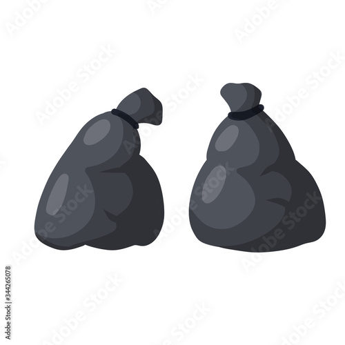 Black trash bag and trash. set of objects. Cartoon flat illustration. Plastic packaging. Processing of wastes. problem of ecology and junk