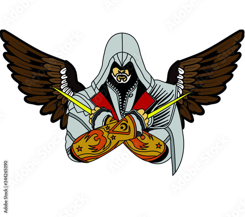 Assassin Creed Character in Muslim Attire with Falcon Wings and Assassin Knives  