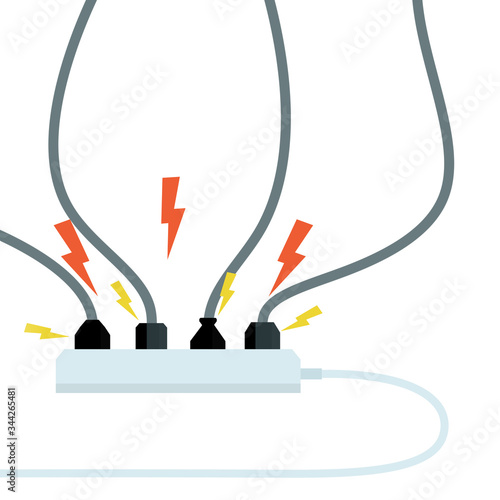 Electrical circuit. Shock, red lightning and yellow sparks from the outlet. Connector and plug. System overload. The problem with the appliance. Fire situation with smoke and safety.