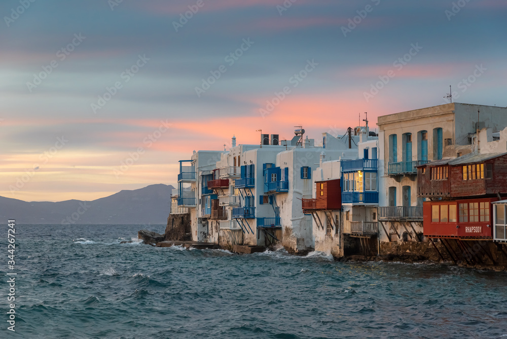 Bright scenic view of the colorful waterfront. Mykonos Town, Greece