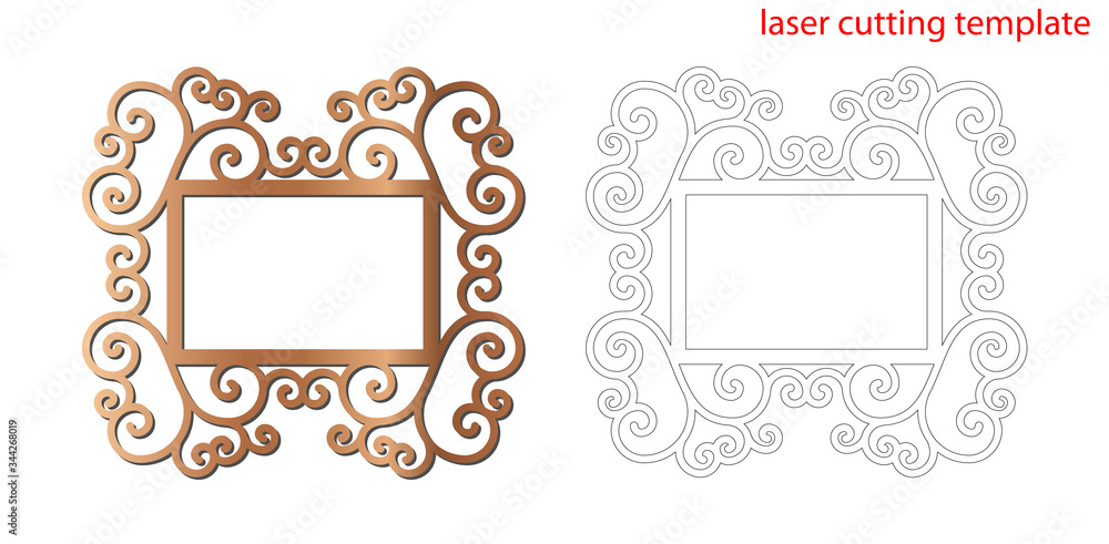 Laser cut photo frame with ornamental swirl for decoration design. Laser cut wood or metal lace frame. Ornamental pattern cutout photoframe, template for cutting. Vector illustration.