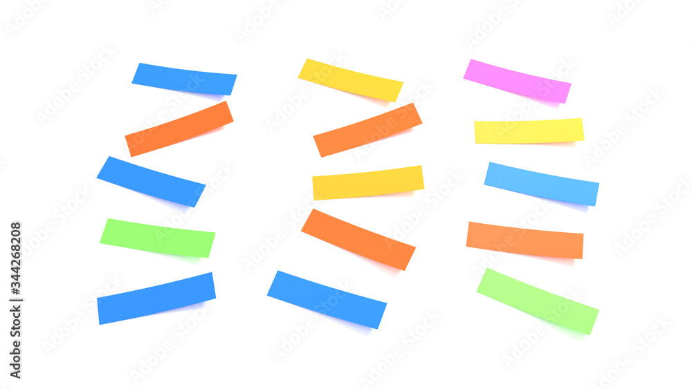 piece of blank note paper multiple color random position stick on white wall, 3d rendering. piece of blank note paper multiple color random position stick on white wall, 3d rendering.