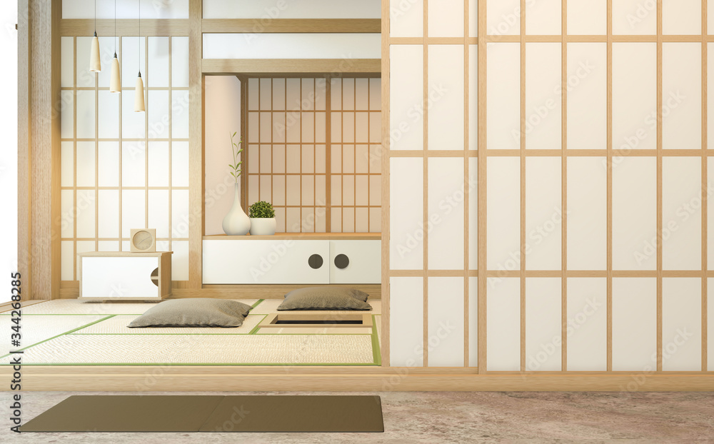 cabinet shelf wall on tatami mat floor room japanese style. 3D rendering  4589402 Stock Photo at Vecteezy