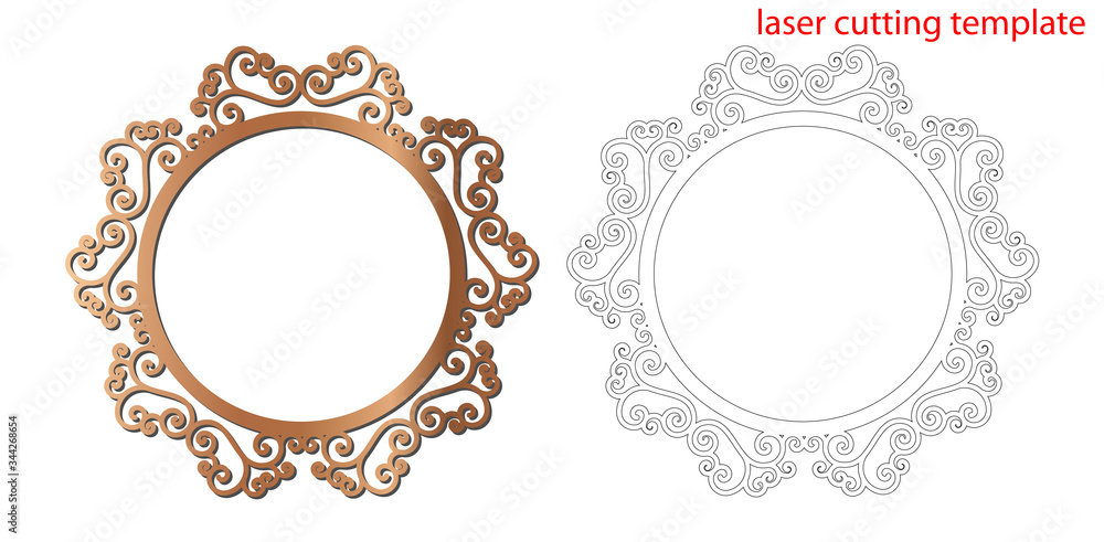 Laser cut photo frame with ornamental swirl for decoration design. Laser cut wood or metal lace frame. Ornamental pattern cutout photoframe, template for cutting. Vector illustration.
