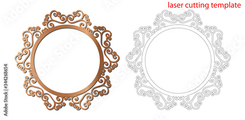 Laser cut photo frame with ornamental swirl for decoration design. Laser cut wood or metal lace frame. Ornamental pattern cutout photoframe, template for cutting. Vector illustration.