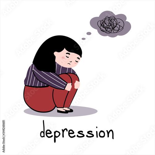 A woman with a sad expression on her face. The girl is sad. Above the girl's head, thoughts form a tangled line.isolated vector Illustrations on a white background.