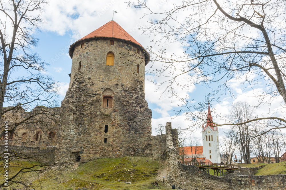 City Cesis, Latvia Republic. 13th century castle with park in spring.