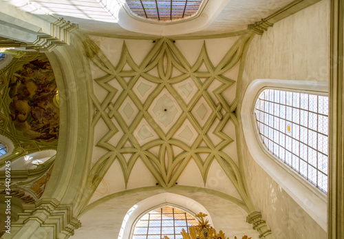  KLADRUBY, CZECH REPUBLIC. On 13, October 2018. Monastery of Benedictines in Kladruby.  Interior view on a ceiling   inside monastery . Architect, Giovanni Battista Santini. Europe. European travel.