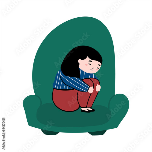 A woman with a sad expression on her face sitting on a chair. The girl is sad. Above the girl's head, thoughts form a tangled line.isolated vector Illustrations on a white background.