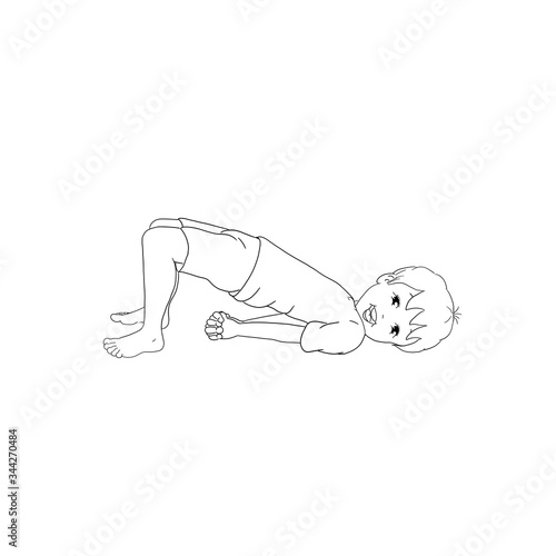Kids Yoga - Joga für Kinder, Asana Regenbogen, horizontal Banner Design Concept Cartoon. Junge barfuß in Yoga Haltung, macht fröhliches Gesicht. Yogi Logo auf Hintergrund in weiß.