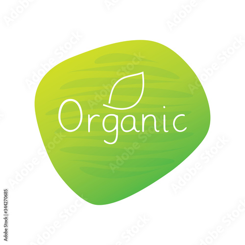 Organic food icon with leaf. Green gradient vector sign isolated. Illustration symbol for product, sticker, logo, package, label, shop, healthy eating, design element
