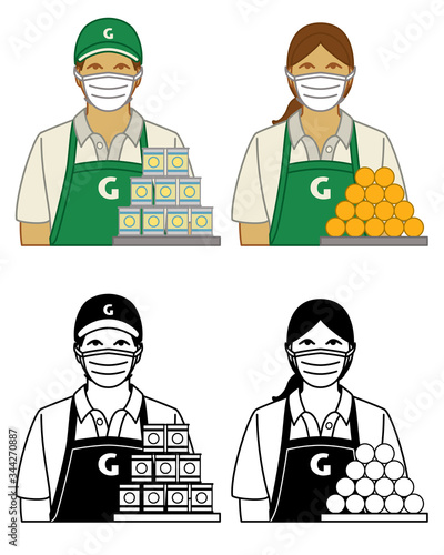 grocer, female and male wearing protective medical mask as concept of essential worker for 2019 novel coronavirus, COVID-19, isolated on white background