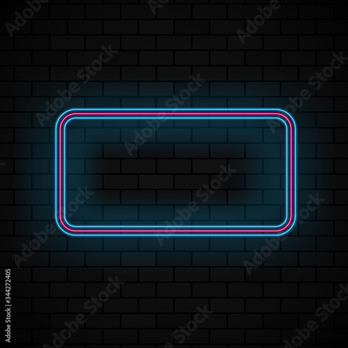 Neon glowing pointer on dark brick background. Your text here. Colorful and shining retro light sign. Vector