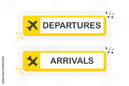 Information panel on the direction of arrivals and departures at airports. Yellow banners of flat style isolated on white background. Vector.
