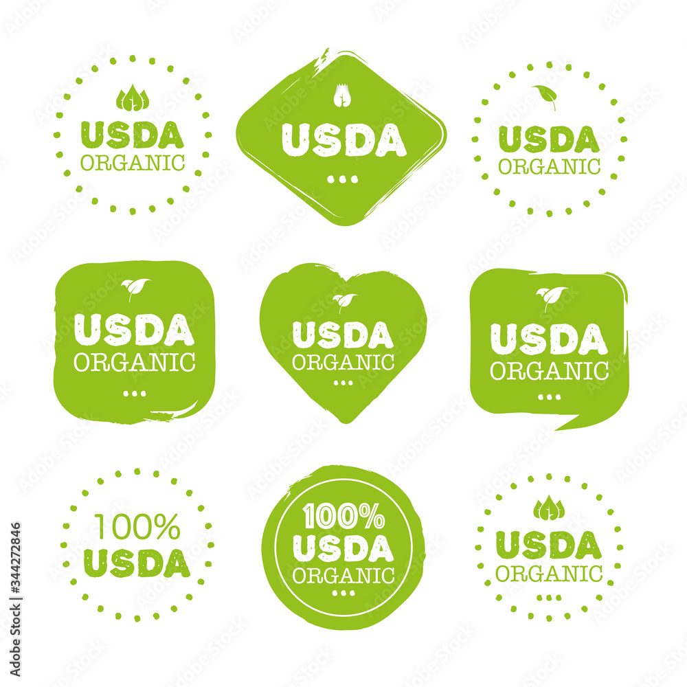 Fresh healthy USDA organic set logo labels and tags the different design and green color. Vector