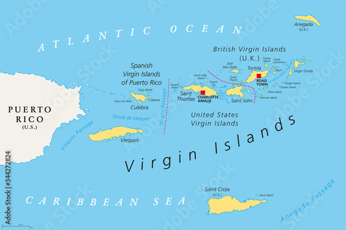 British, Spanish and United States Virgin Islands political map. Archipelago in the Caribbean Sea. British overseas territory and unincorporated territories of the United States. Illustration. Vector.