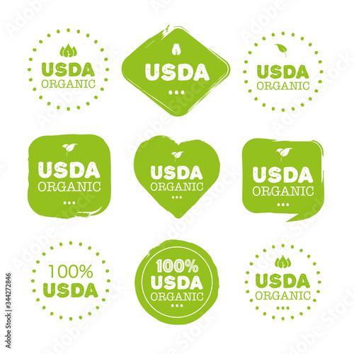 Fresh healthy USDA organic set logo labels and tags the different design and green color. Vector