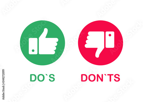 Like icons on white background. Do`s and Don`ts. Red and green. Thumbs up and thumbs down. Vector