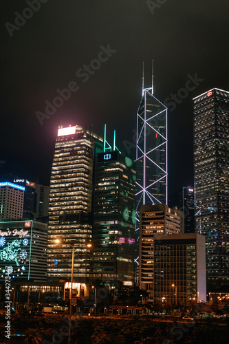 Hong Kong, China; Dic 3 2017: Skyline at night with skyscrapers and lights