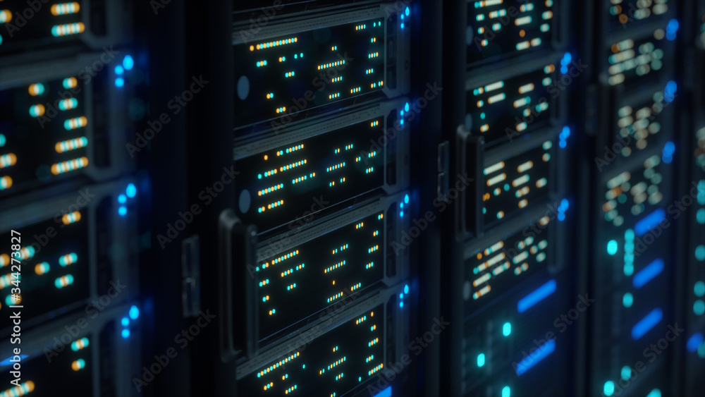 Naklejka premium Modern interior server room data center. Connection and cyber network in dark servers. Backup, mining, hosting, mainframe, farm, cloud and computer rack with storage information. Close up,3D rendering