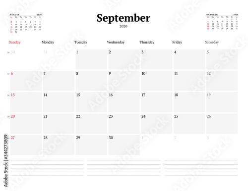 Calendar template for September 2020. Business monthly planner. Stationery design. Week starts on Sunday. photo