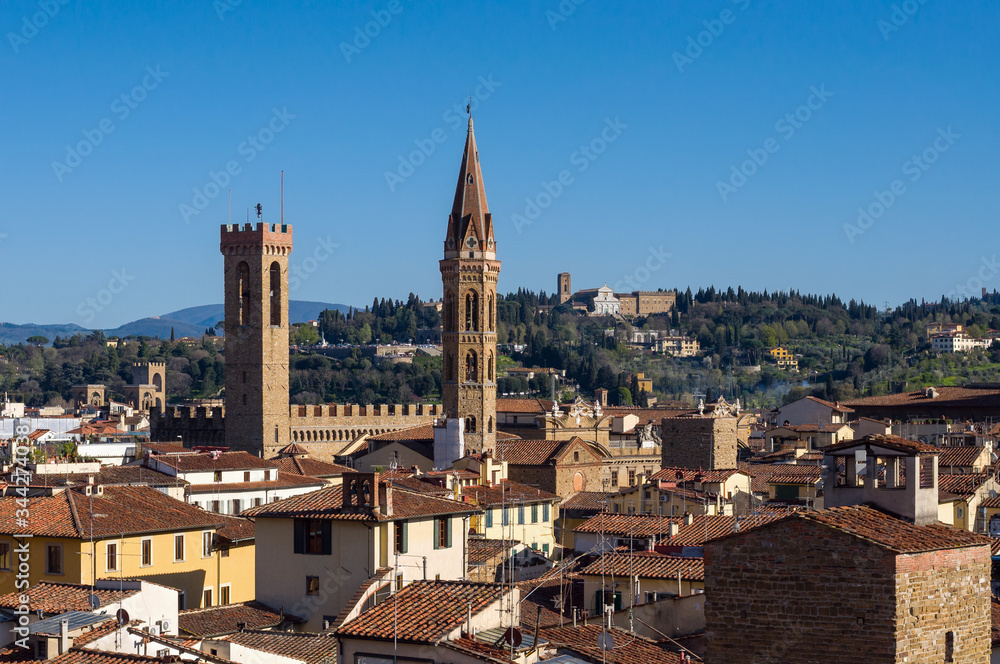 Museum Palazzo del Bargello and church Badia Fiorentina. Aerial view from Giotto's Campanile. Florence, Tuscany, Italy.