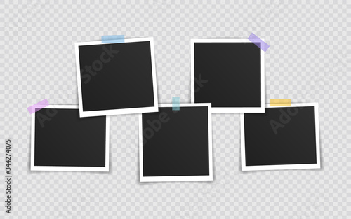 Vector Photo frame mockup design. Super set photo frame on sticky tape isolated on transparent background. Vector illustration