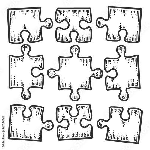 Square puzzle icon. Not assembled nine pieces. Sketch scratch board imitation.
