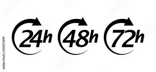 24, 48, 72 hours work time or delivery service timetable. Set of black icons clock arrows. Vector illustration