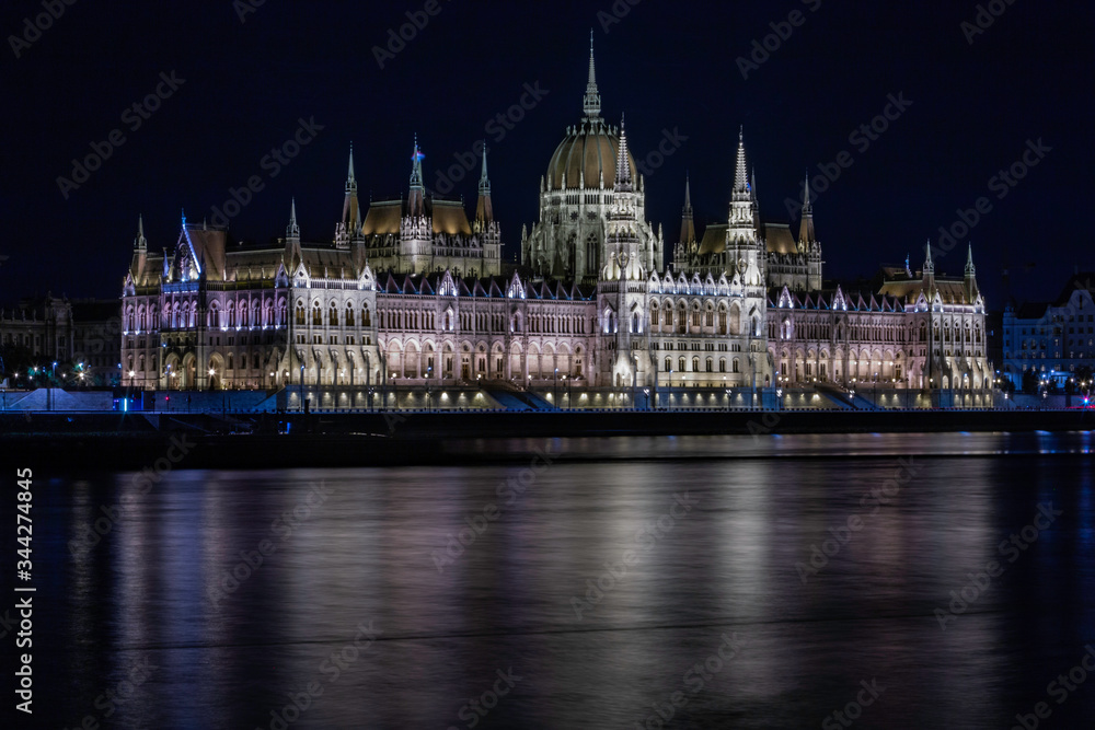 A night time image of the Hungarian Parliament Building in Budapest taken from Margaret Bridge.