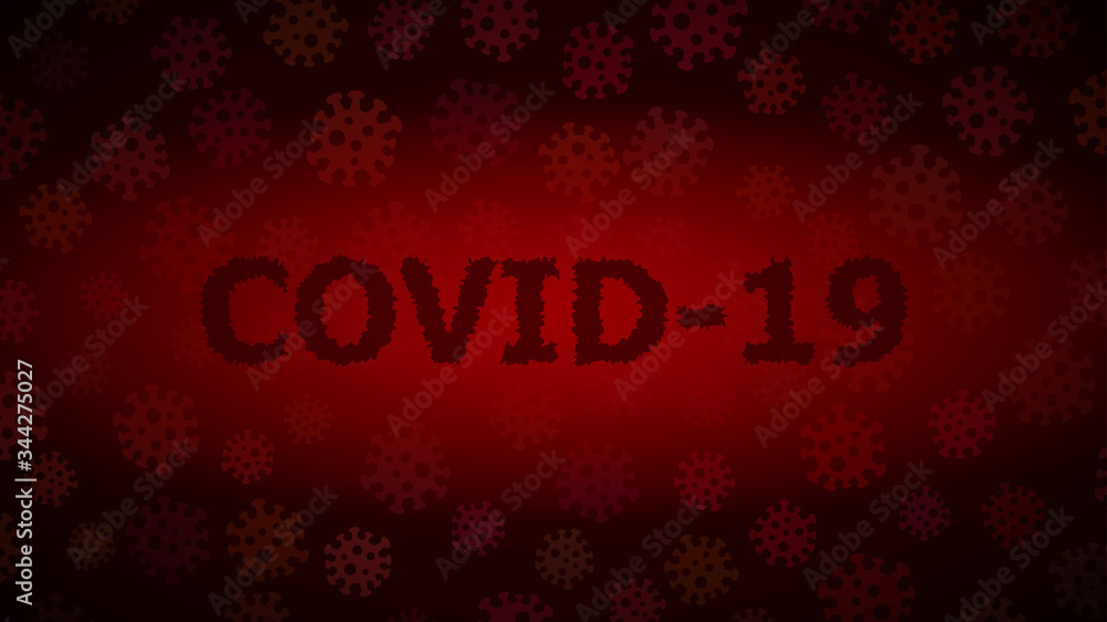Background with viruses and inscription COVID-19 in dark red colors. Illustration on the coronavirus pandemic.