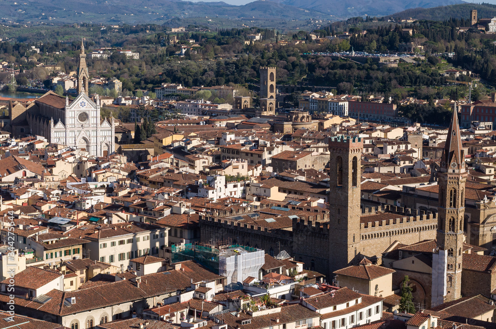 The Basilica di Santa Croce (Basilica of the Holy Cross) is the principal Franciscan church. Palazzo del Bargello and Badia Fiorentina. Aerial view from Giotto's Campanile. Florence, Tuscany, Italy.