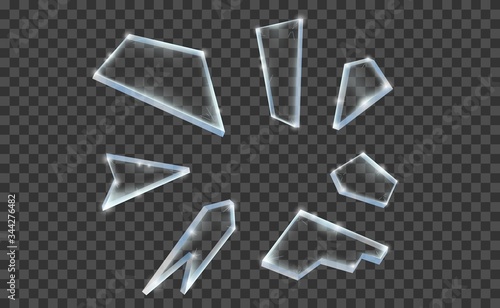 Glass shards realistic vector illustration. Set of transparent broken glass crash isolated on transparent black backdrop.